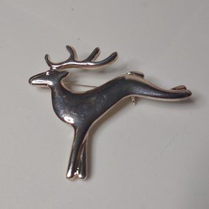 Silver Tone Metal Jumping Reindeer Brooch